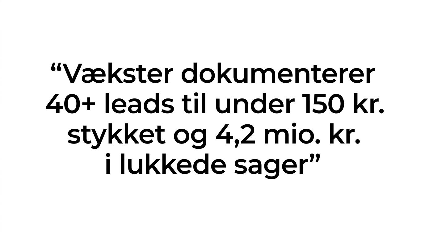 Fremhævet citat med resultater om 40+ leads, lav leadpris og 4,2 mio. kr. i lukkede sager.