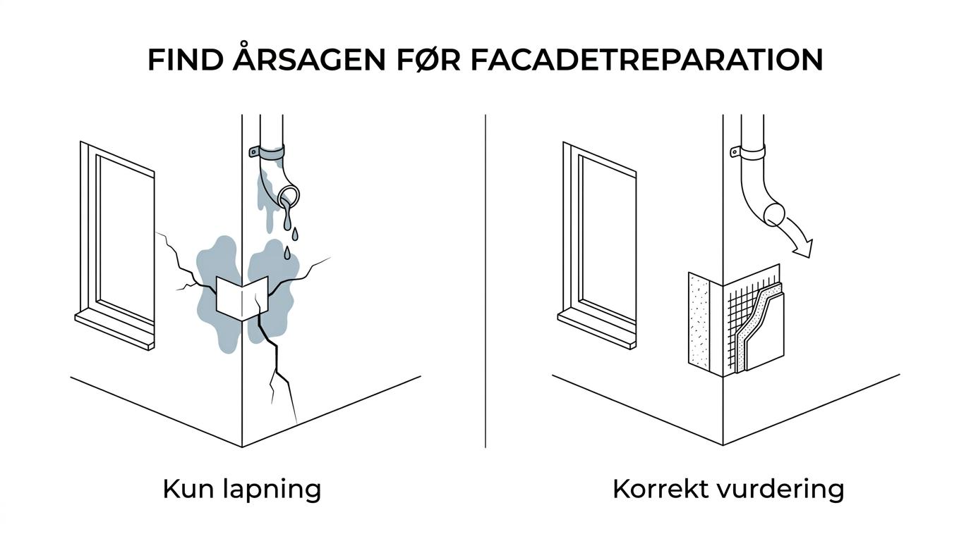 Sammenligning af en hurtig lappeløsning på en revnet facade og en korrekt vurderet reparation med fokus på fugt, bevægelse og underlag.
