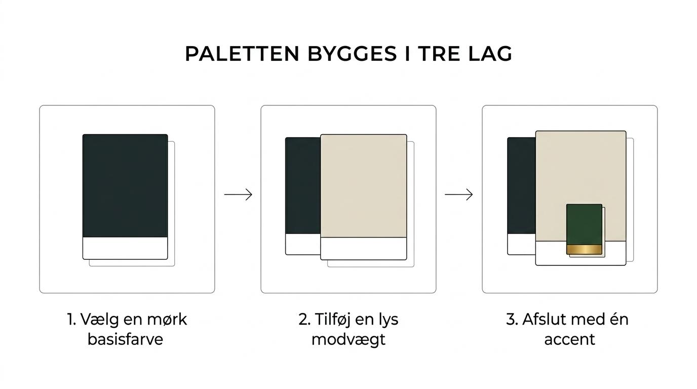 En trinvis oversigt over en efterårspalette med mørk kernefarve, lys støttefarve, accent og test på blomster, tekstil og papir.