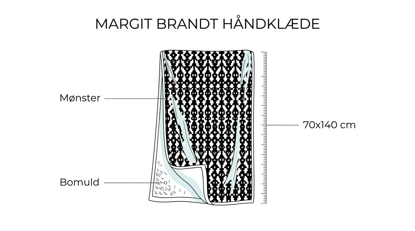 Sort/hvidt Margit Brandt håndklæde med markeringer af størrelse, bomuld, pris og brug til bad, gæster og gave.