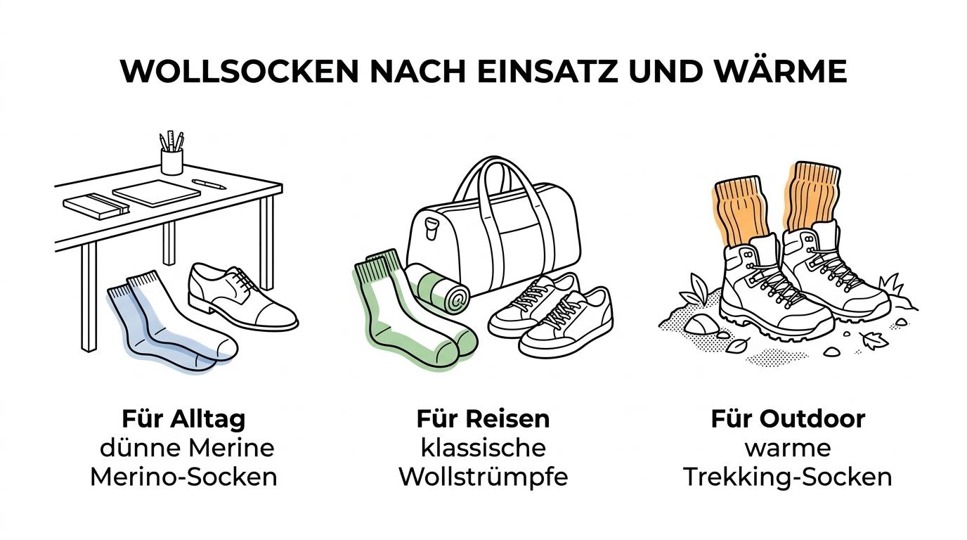Übersicht mit Herren-Wollstrumpf-Typen nach Material, Wärmegrad und passendem Einsatzbereich.