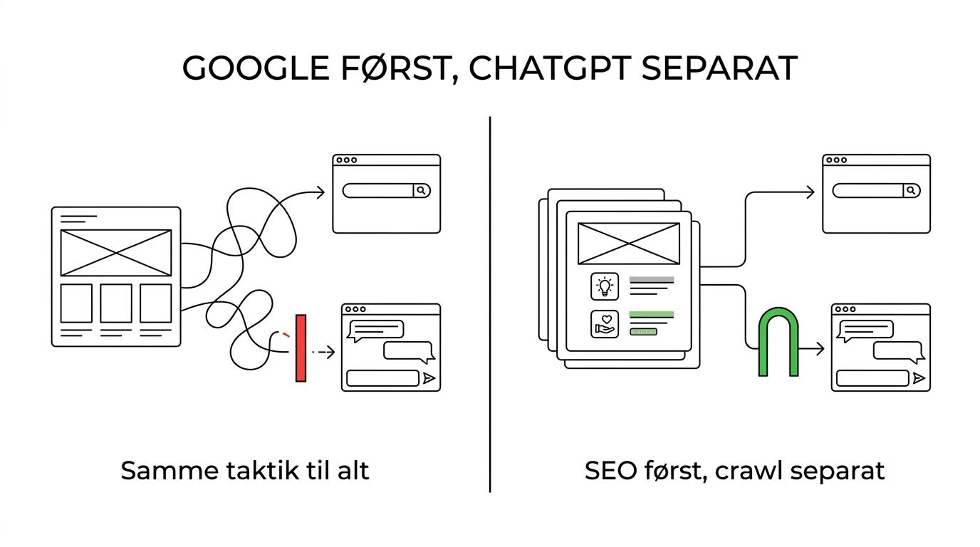 Side-by-side sammenligning af Google AI Overviews og ChatGPT for webshops med forskelle i søgeindeks, crawl-adgang, brugerintention og måling.