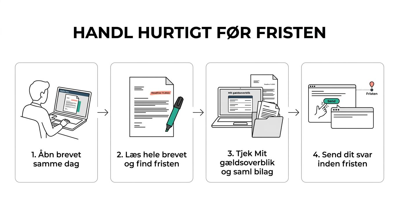 Flowchart showing the steps after receiving a letter: open it, note the deadline, identify the issue, gather documentation, check debt overview, and send a response in time.