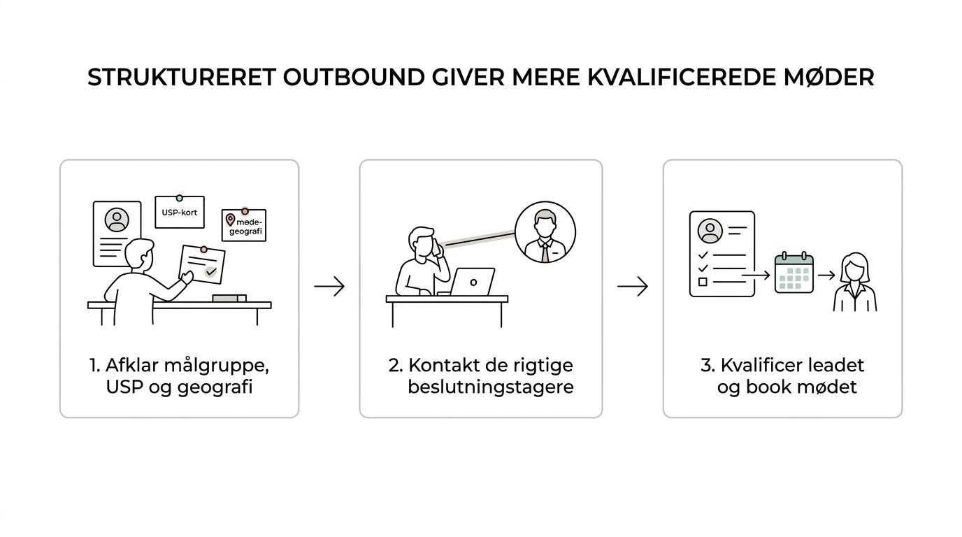 Flowdiagram over Salgs.dk’s proces med målgruppeafklaring, budskaber, kontakt til beslutningstagere, leadkvalificering, mødebooking og løbende rapportering.