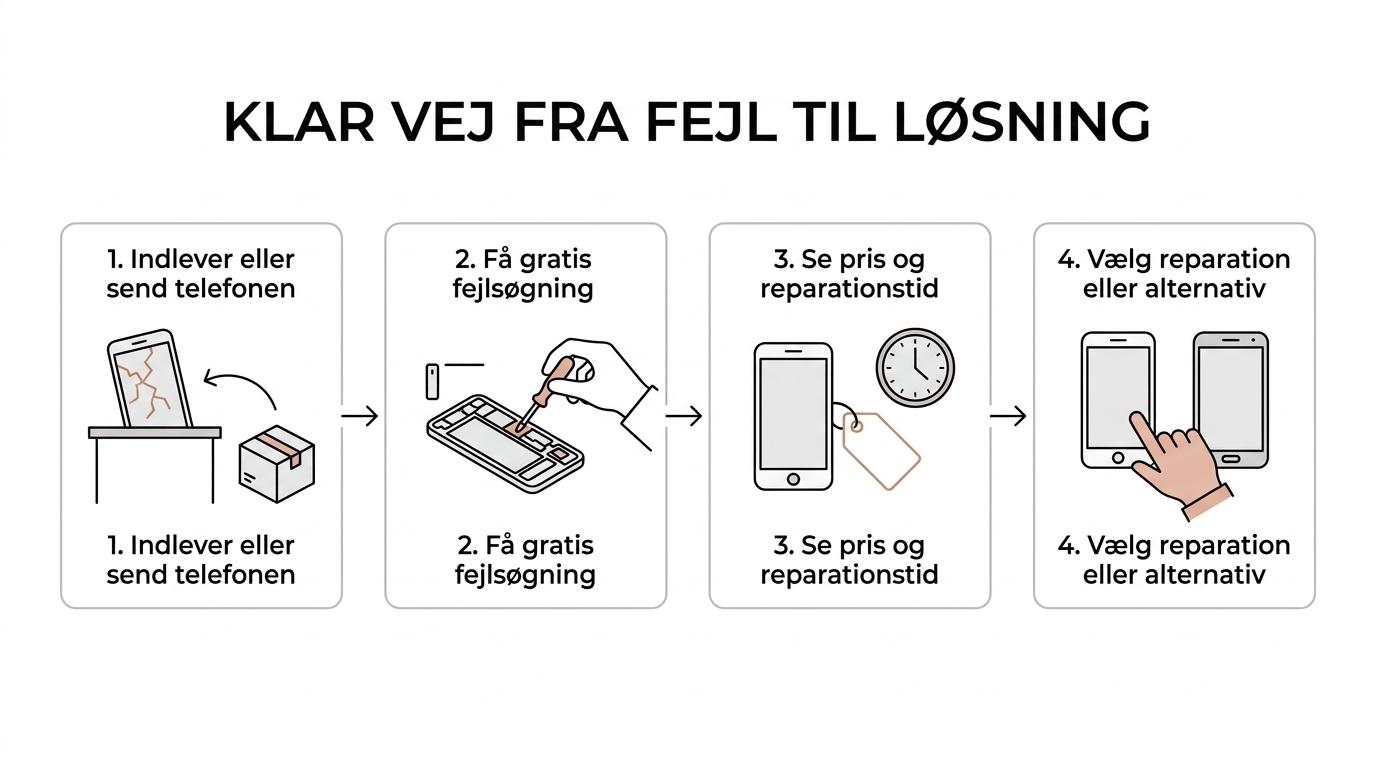 Flow over telefonreparation hos ELEKTRONIKS fra indlevering eller indsendelse til fejlsøgning, prisvurdering og valg mellem reparation, beskyttelse eller refurbished alternativ.