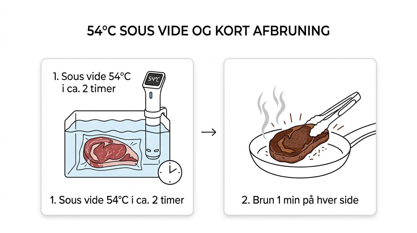 Trinvis tilberedning af ribeye sous vide ved 54°C i cirka 2 timer og derefter 1 minut på hver side på en varm pande.