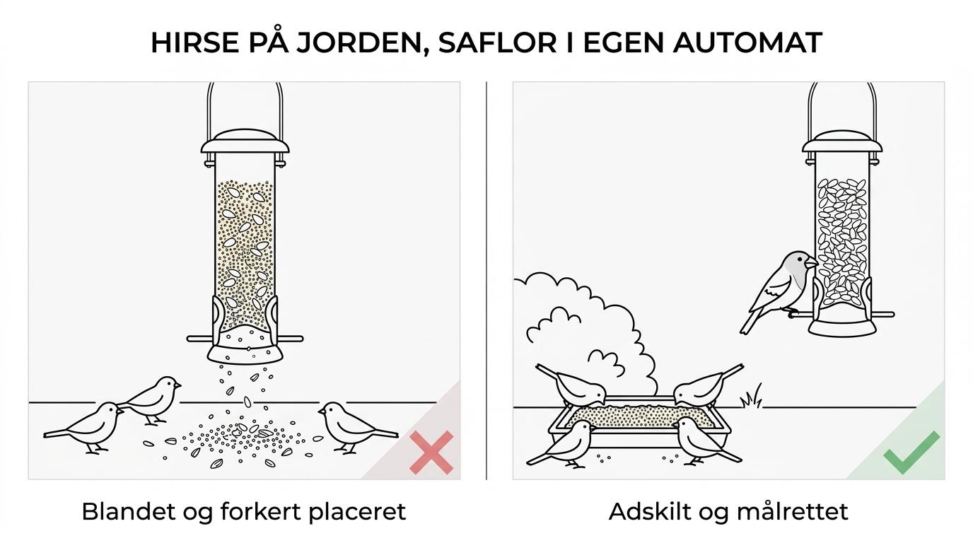 Sammenligning af hirsefrø og saflorfrø med jordfodring til små jordfugle på den ene side og selektiv foderautomat på den anden.