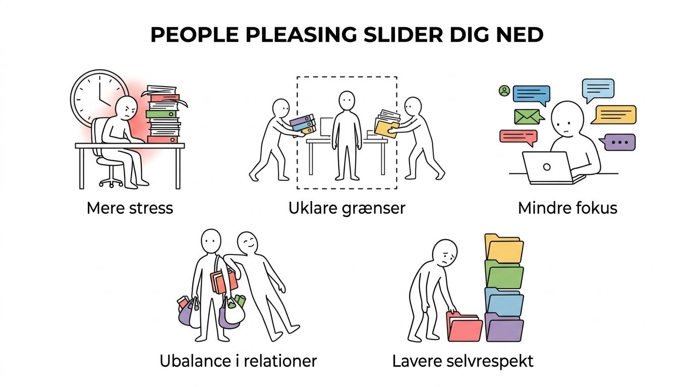 Oversigt over fem konsekvenser af people pleasing: stress, uklare grænser, tab af fokus, vrede vendt indad og lavere selvrespekt.