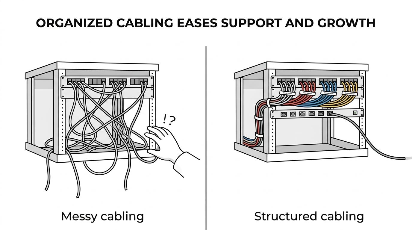 Side-by-side comparison of a clean labeled network rack and patch panel versus tangled unlabeled office cabling.