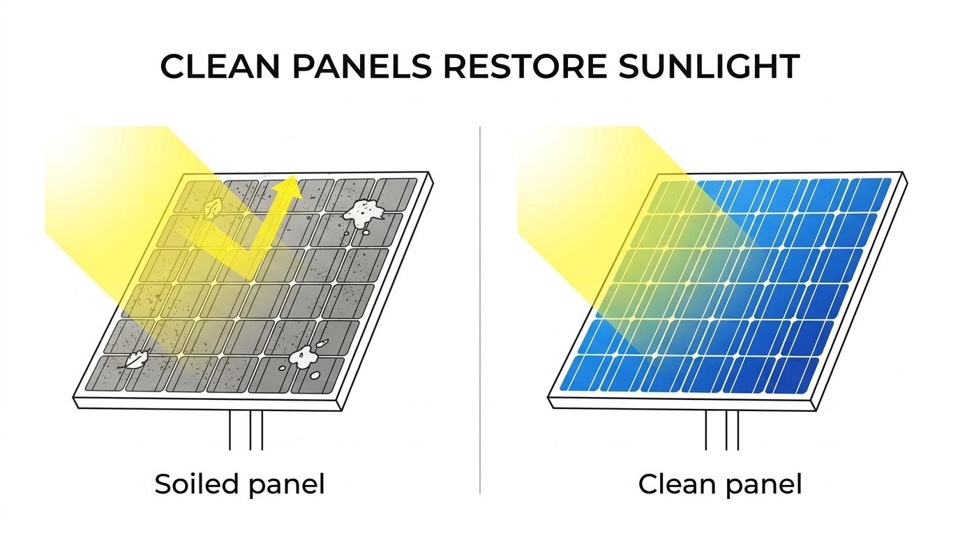 Side-by-side solar panels, one coated with pollen, dust, and bird droppings and one clean in bright sunlight.