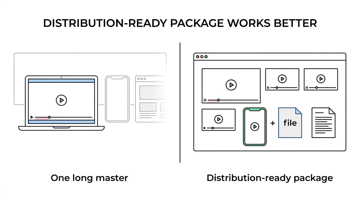 Side-by-side comparison of one long conference video file with limited reuse versus a sponsor package with recap, short cutdowns, captions, transcript, multiple aspect ratios, and more distribution channels.