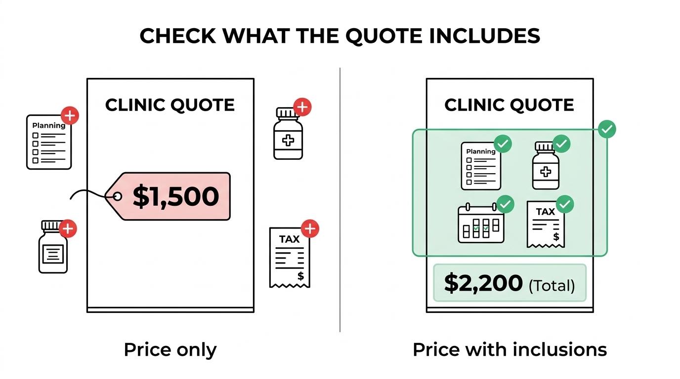 Side-by-side comparison of a basic hair transplant price quote versus an itemized quote showing graft count, technique, donor plan, included services, and GST.