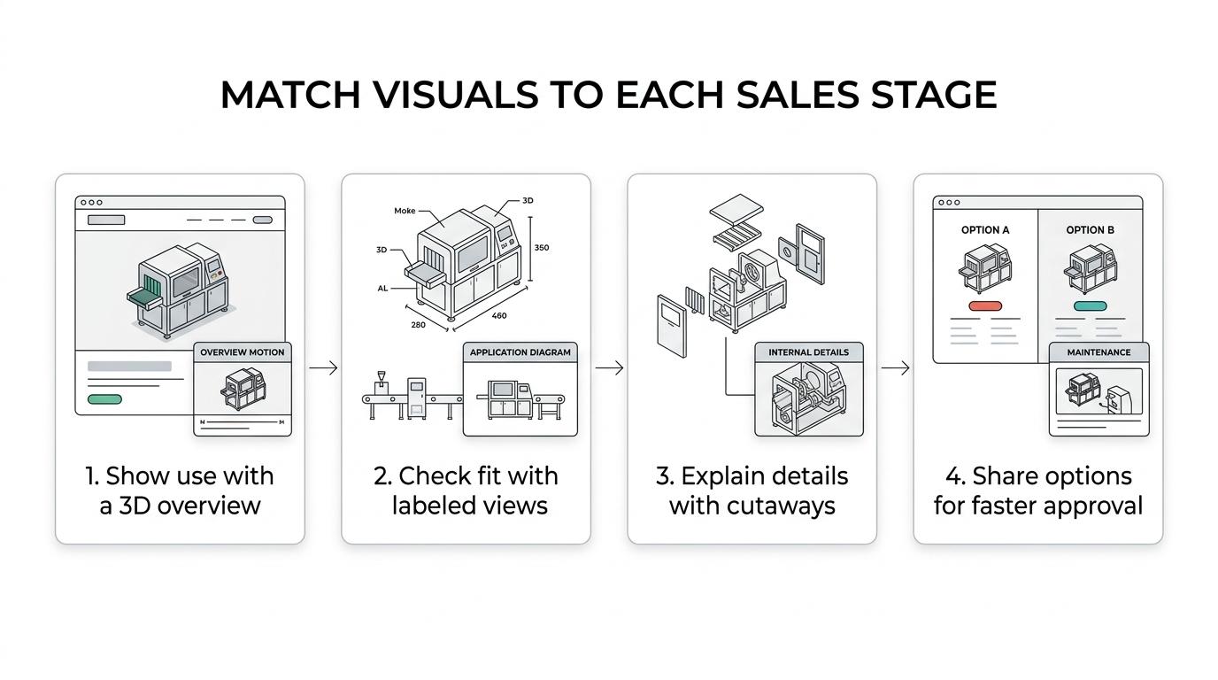 Flow diagram of industrial sales stages from early awareness to pre-approval, with the visualization asset that best supports each stage.