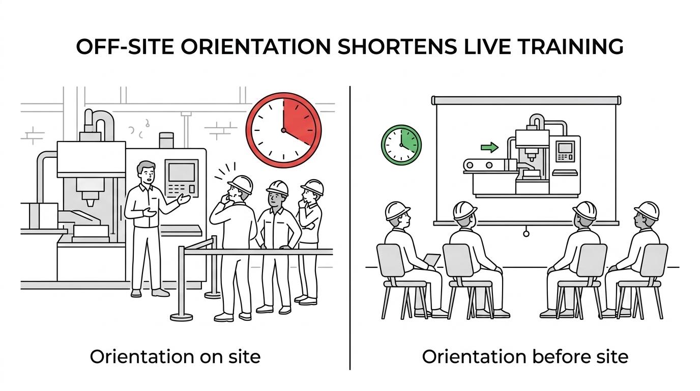 Side-by-side comparison of traditional live-only site training and process-animation-supported training, with one side showing long on-site explanation and the other showing prepared workers arriving for shorter, focused field validation.