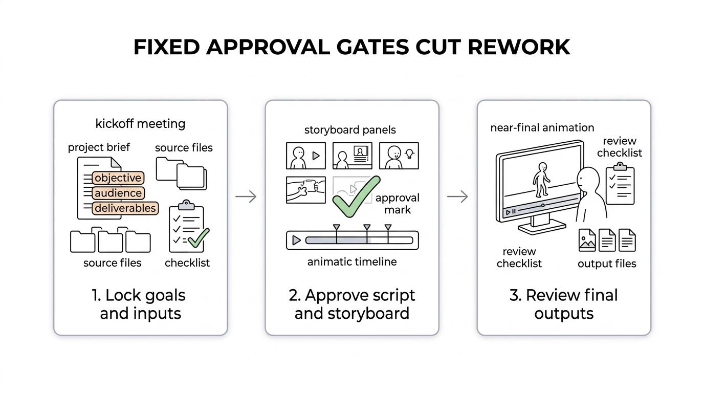 A process diagram showing kickoff approval, preproduction approval, and production-to-final approval with signoff gates between stages.