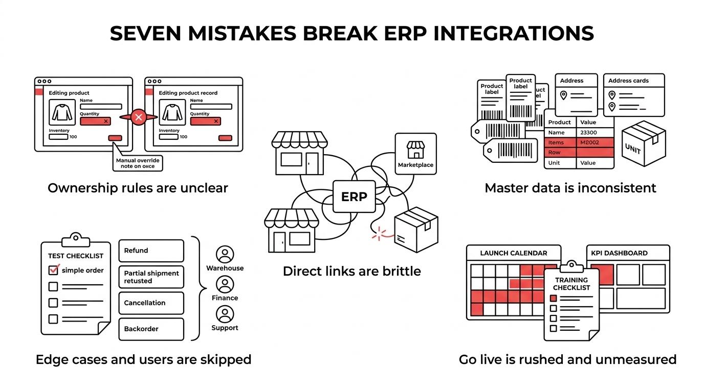 Seven labeled ERP integration risk areas: system of record, data quality, architecture, testing, change management, timeline, and metrics.