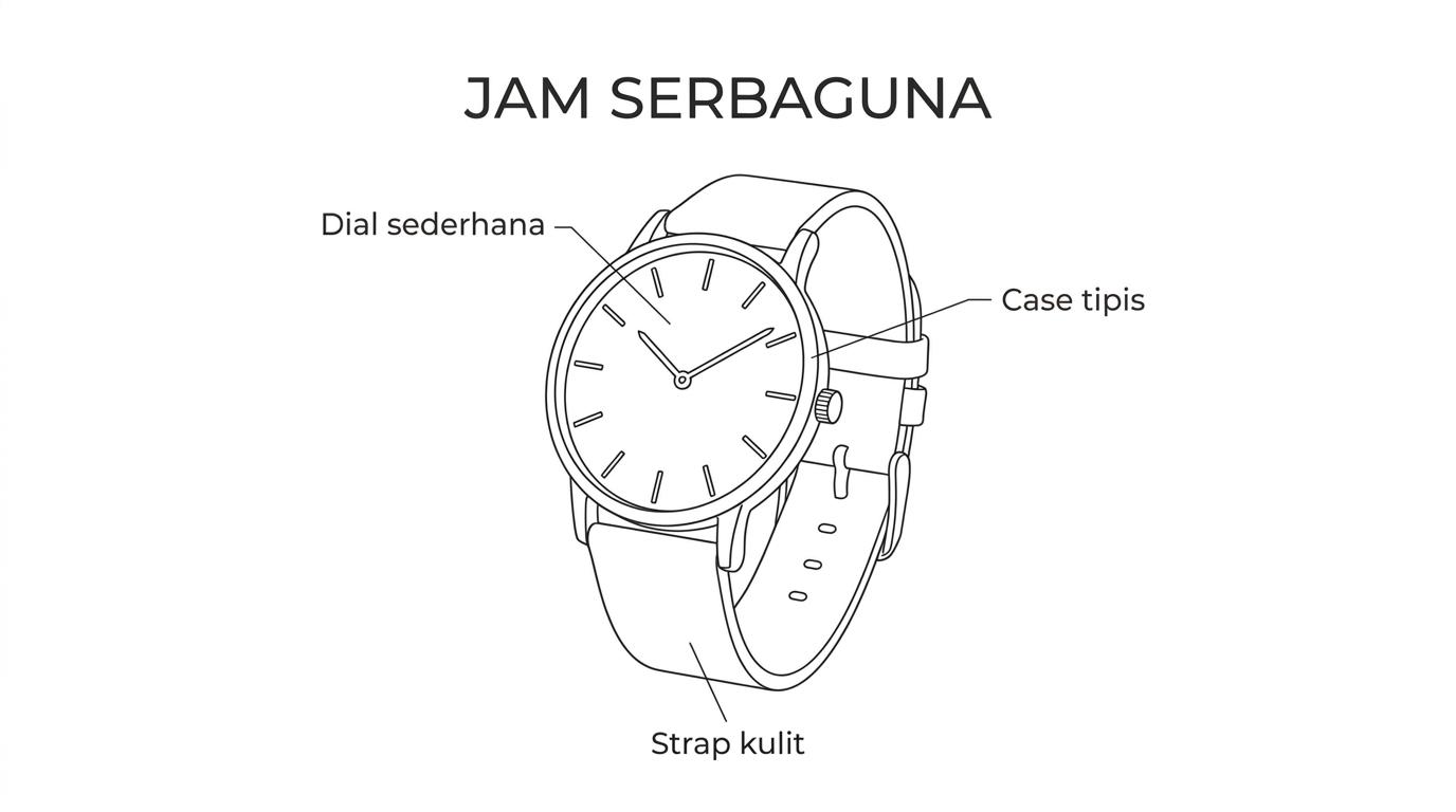 Ilustrasi jam tangan tipis dengan label fitur utama: case ramping, dial sederhana, ukuran proporsional, dan strap kulit netral.