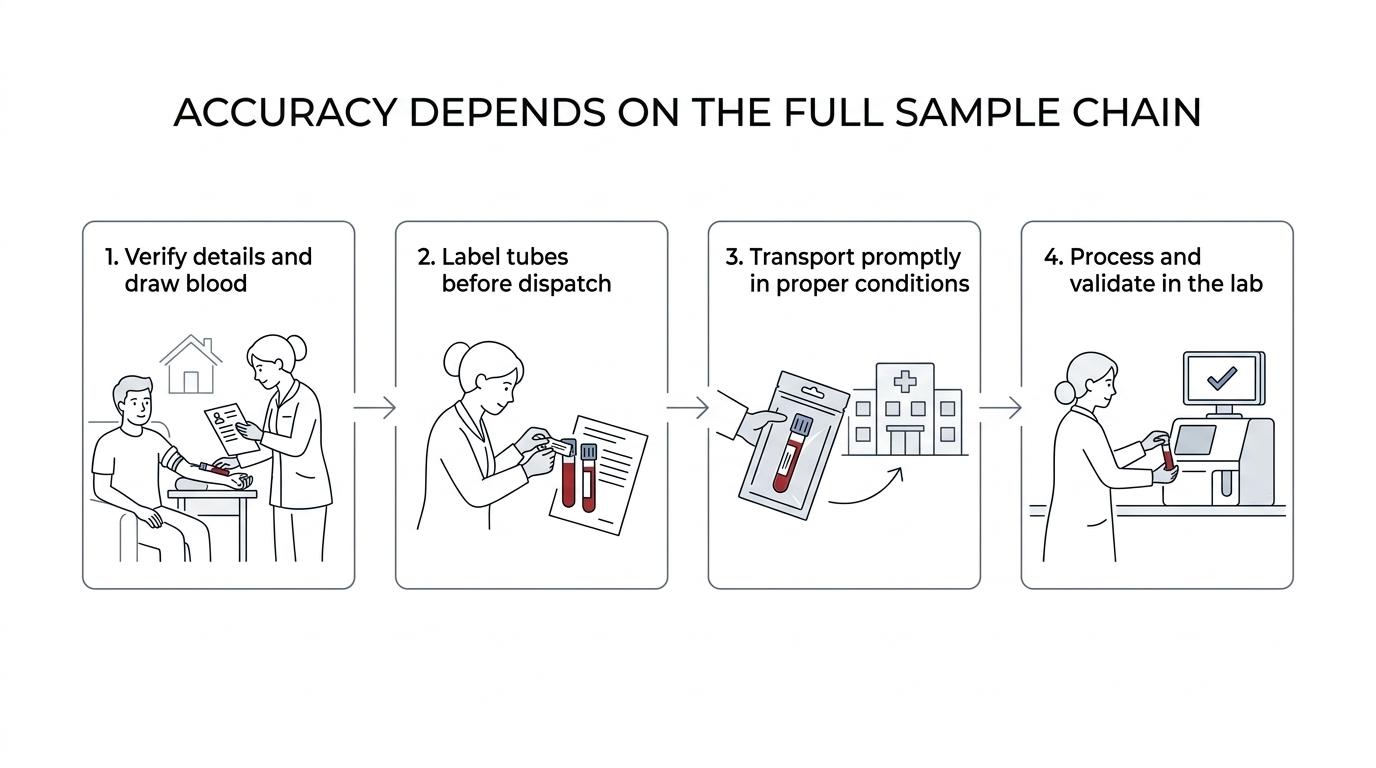 Step-by-step home blood collection process from identity check and blood draw to labelling, transport, lab processing, and digital report.