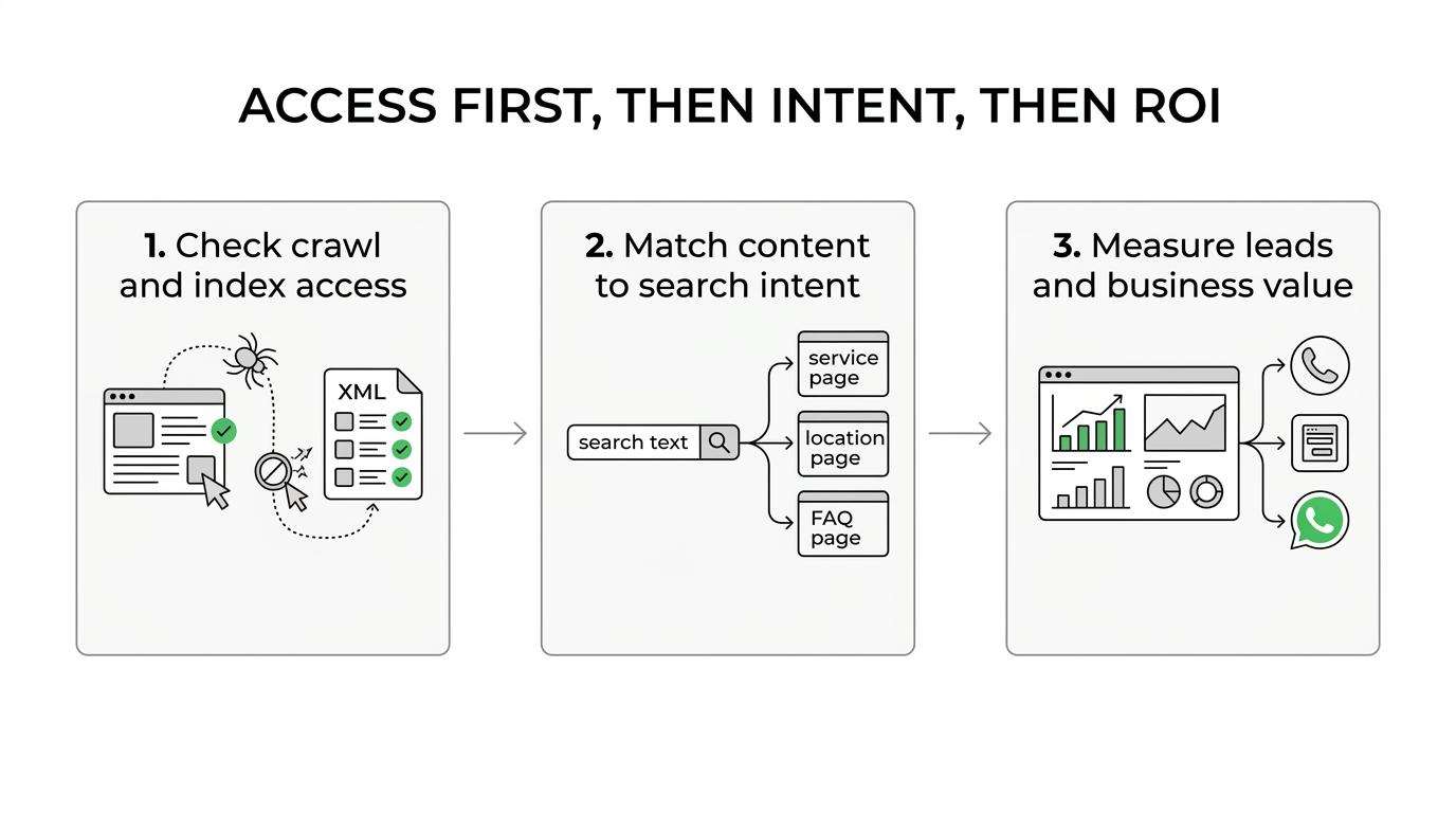 Three-step SEO review process showing technical SEO first, content strategy second, and reporting tied to leads third.