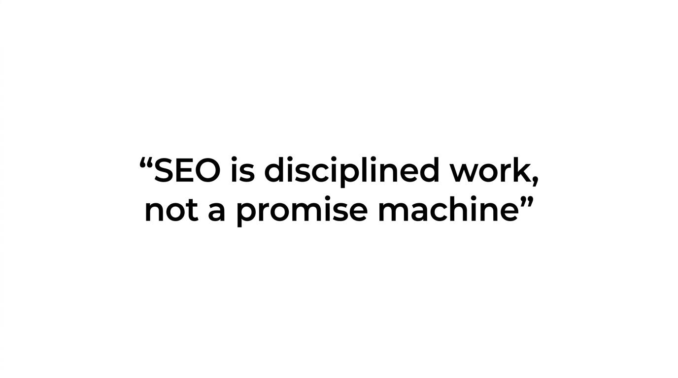 Quote highlight reading, 'SEO done properly is disciplined work, not a promise machine.'