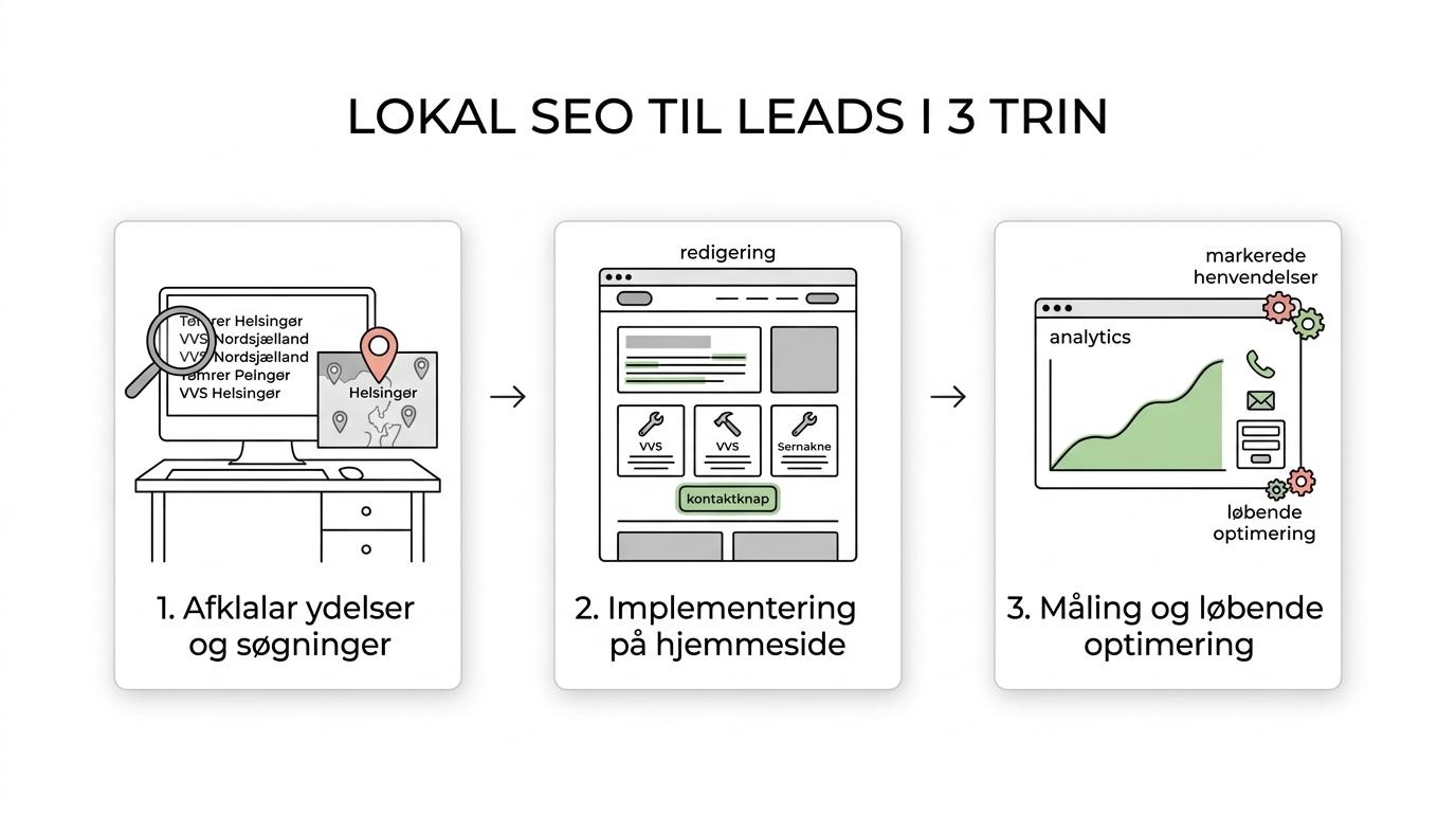 Tre-trins illustration af Væksters lokale SEO-proces: afklaring, implementering og løbende optimering.