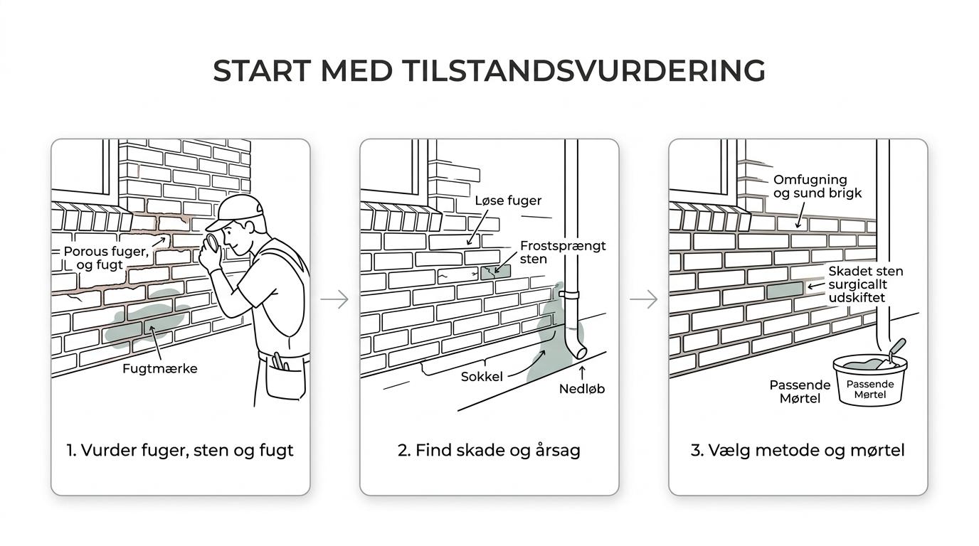 Procesdiagram for renovering af ældre murværk med trin for fuger, sten, fugtårsag og valg af korrekt løsning.