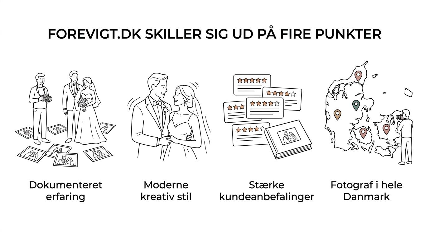 Oversigt over Forevigt.dk’s vigtigste styrker som bryllupsfotograf: landsdækning, erfaring, stil og kundeanbefalinger.