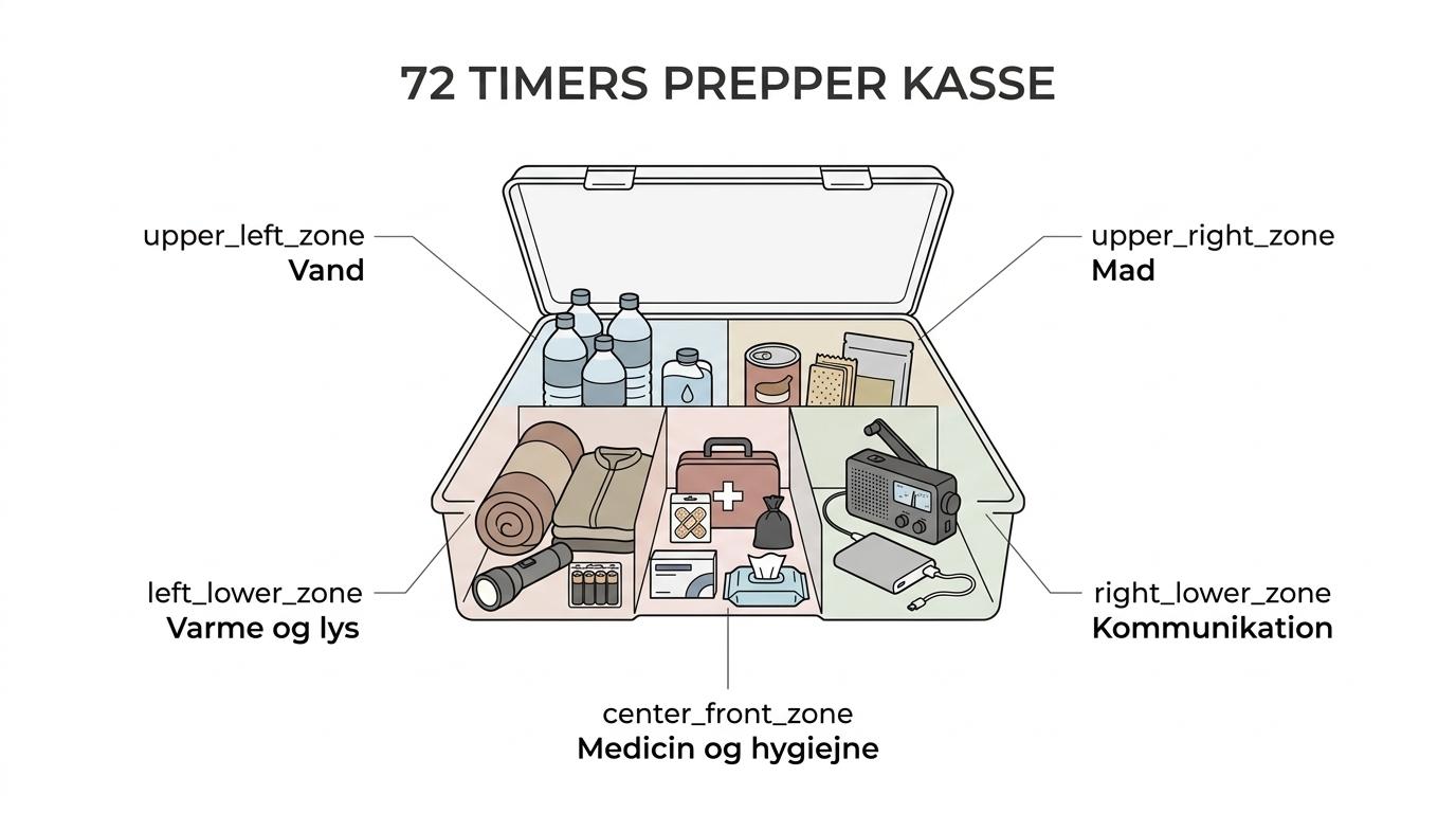 En mærket prepper kasse med tydelige sektioner til vand, mad, lys, strøm, radio, medicin og hygiejne.