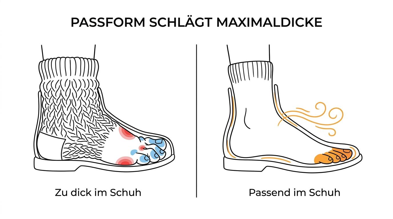 Seitenvergleich: links eine sehr dicke Wollsocke in einem engen Schuh mit gequetschten Zehen, rechts eine gut sitzende Wollsocke in einem geräumigeren Schuh mit mehr Luftpolstern.