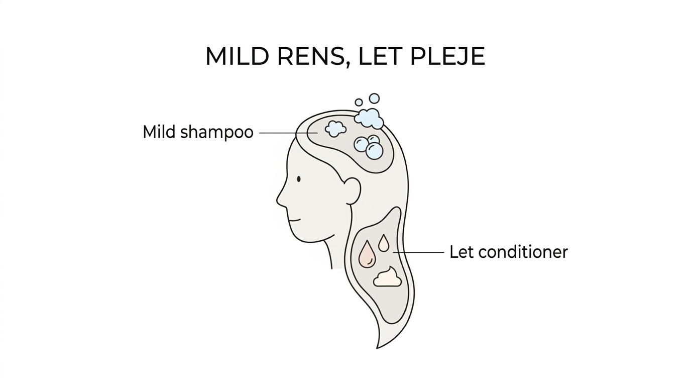 Illustration af hår opdelt i hovedbund og længder/spidser med shampoo ved rødderne og conditioner i enderne.