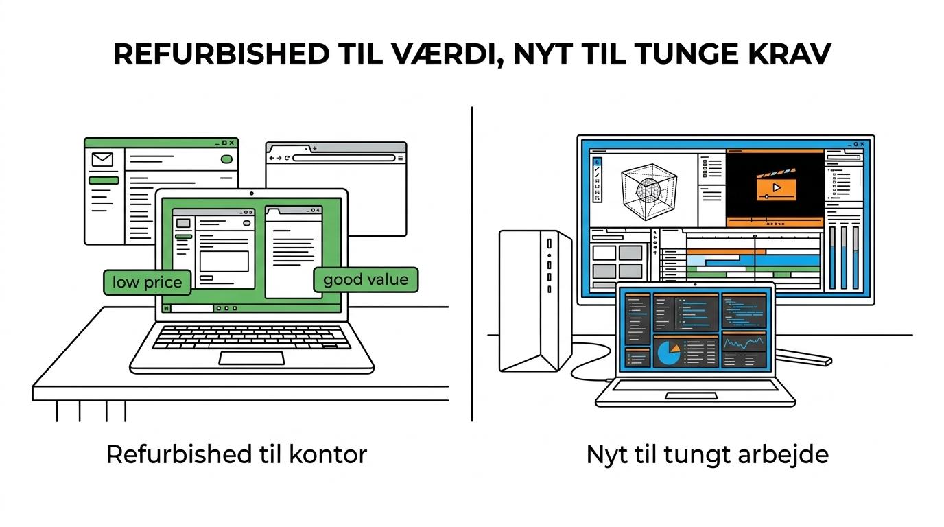 Sammenligning af en refurbished erhvervslaptop og en ny computer med forskelle i pris, support, levetid og egnethed til kontorarbejde versus tunge workloads.