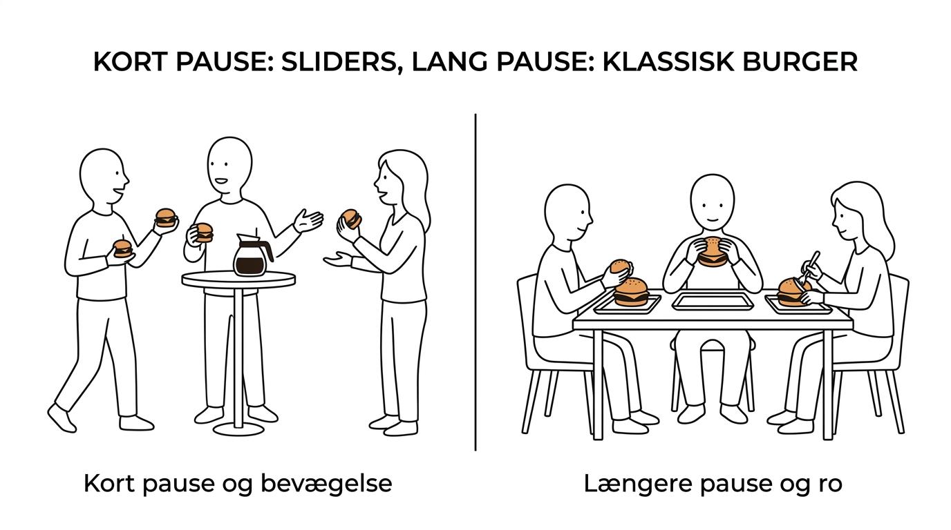 Side-by-side comparison of sliders, a classic burger, and a bøfsandwich with labels for short pause, mingling, and seated lunch.