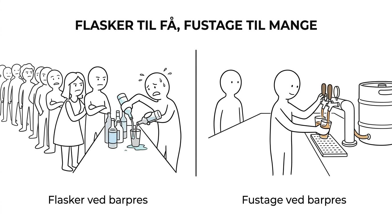 Sammenligning af flasker og fustager til hjemmefest med forskelle i gæsteantal, serveringshastighed og praktisk opsætning.