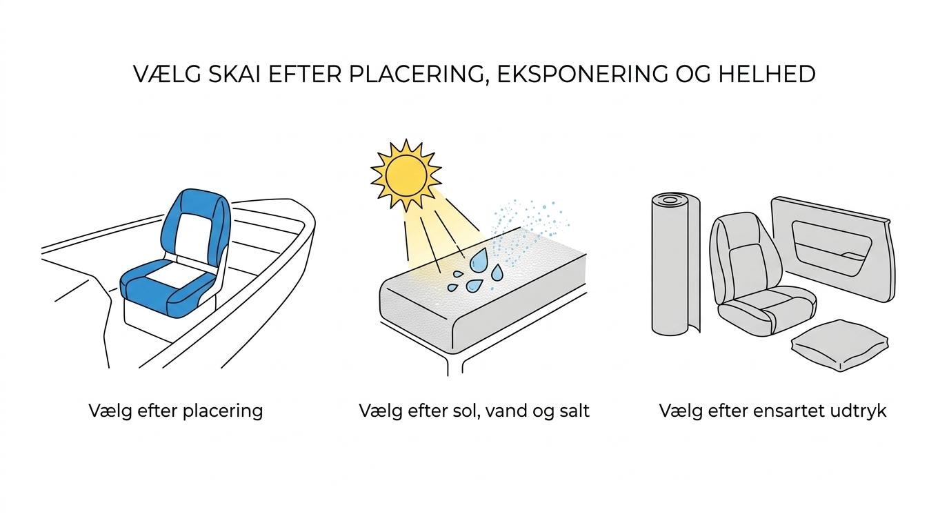 Oversigt over fem valgkriterier for skai til bådinteriør: brugssted, eksponering, projektstørrelse, rengøring og helhed.