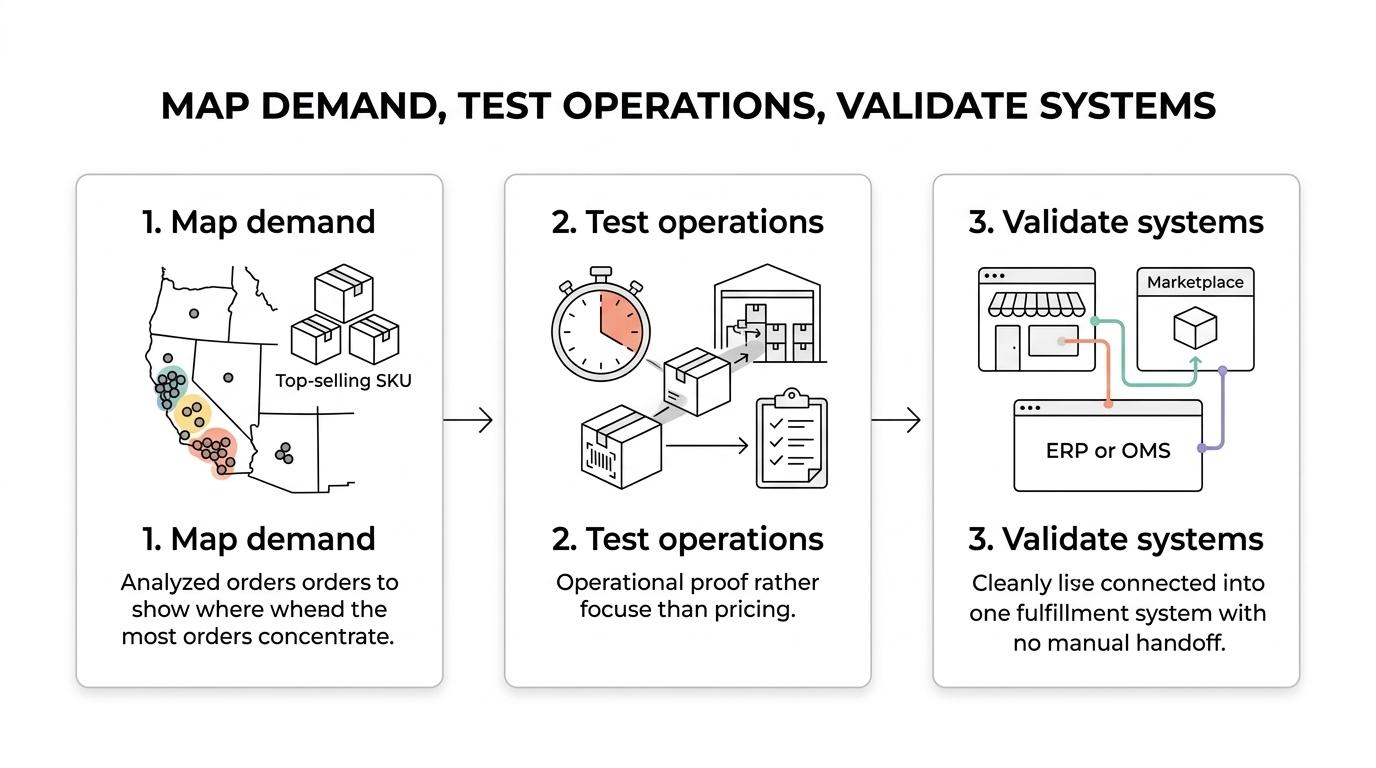 Three-step flow showing how California brands shortlist a 3PL by mapping demand, testing operations, and validating systems.