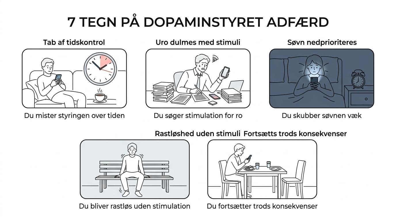 Visuel oversigt over syv tegn på dopaminafhængighed i hverdagen hos voksne.
