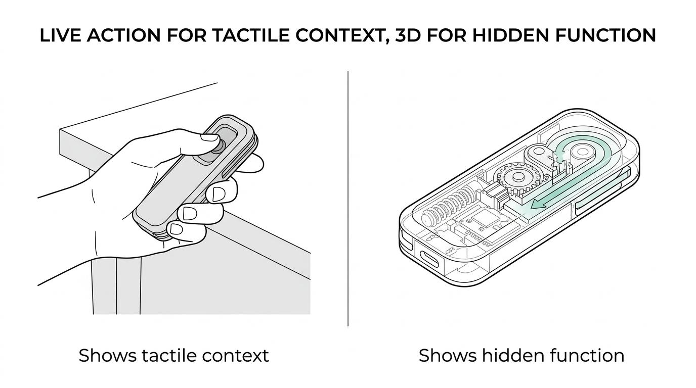 Side-by-side comparison of a live-action product demo showing physical handling and a 3D animation revealing internal mechanisms and flow paths.