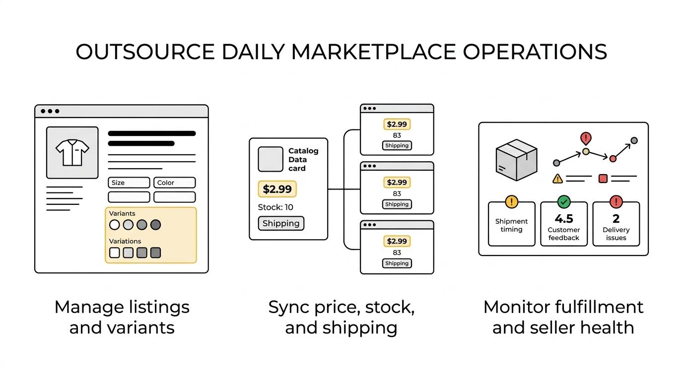 Grouped icons showing marketplace tasks to outsource, including feed management, listing creation, variation setup, inventory sync, FBA checks, pricing checks, fulfillment monitoring, seller metrics, and analytics.
