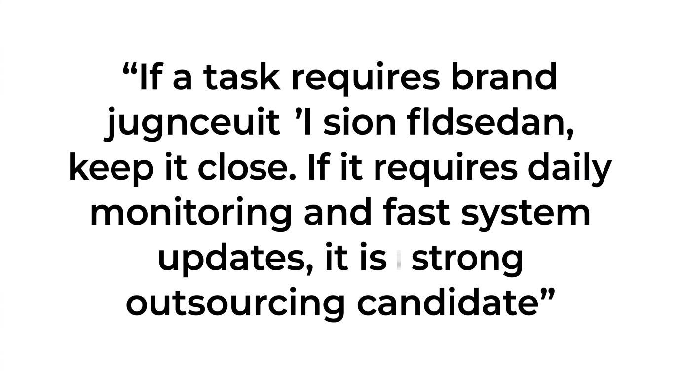 Quote card highlighting that tasks needing brand judgment should stay close, while daily monitoring and fast system updates are strong outsourcing candidates.
