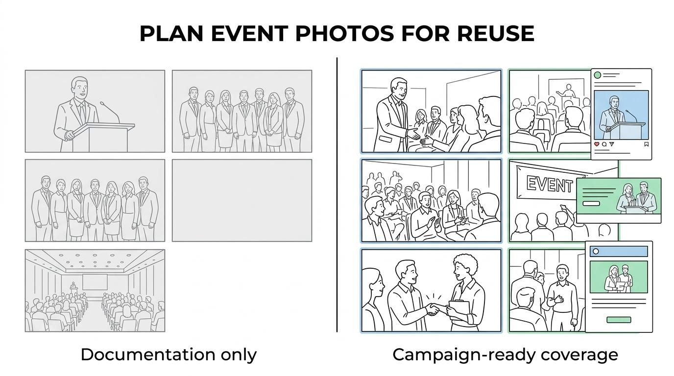 Side-by-side comparison of basic event coverage shots versus campaign-ready corporate event photos for multiple marketing uses.