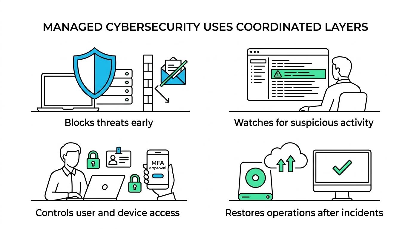 A grouped overview of managed cybersecurity layers including assessment, prevention, monitoring, user controls, recovery, and compliance.