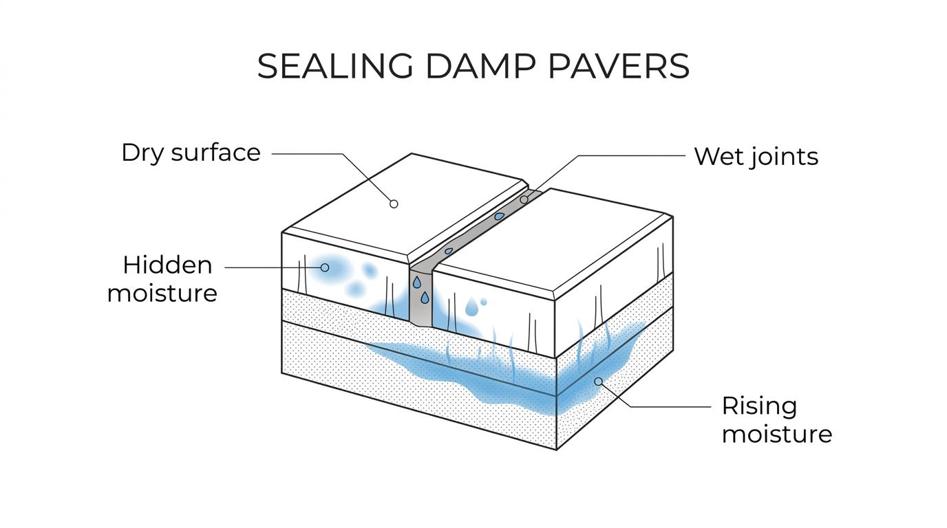 Paver Sealing: 7 Mistakes That Void the Finish Early 1 Cutaway diagram of a paver patio showing surface sealer, joints, base layers, rising moisture, efflorescence, and runoff sources.