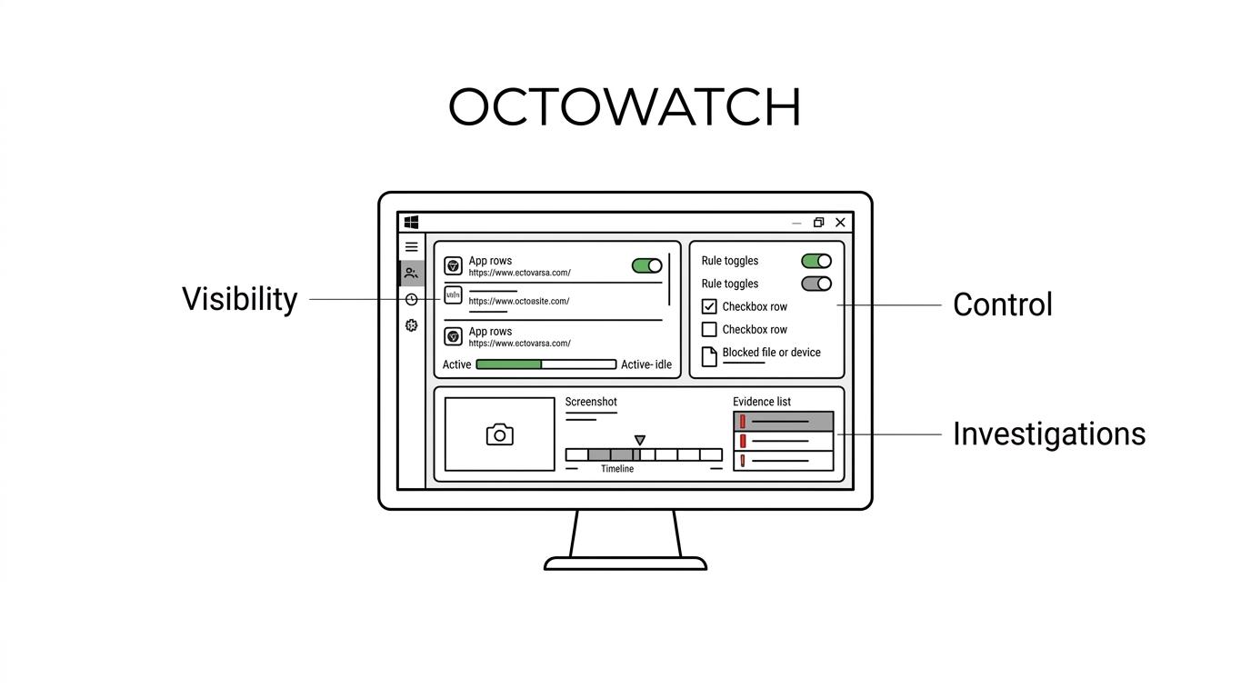 Diagram of OctoWatch’s Windows platform with a central web console connected to endpoint activity monitoring, DLP controls, investigations, reporting, and Windows or RDS endpoints.
