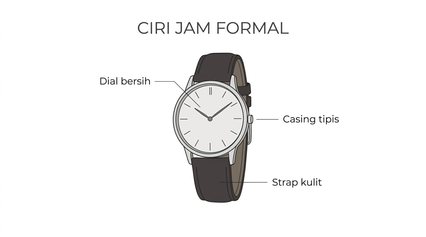Ilustrasi berlabel jam tangan analog pria formal dengan strap kulit gelap, dial bersih, dan casing tipis.