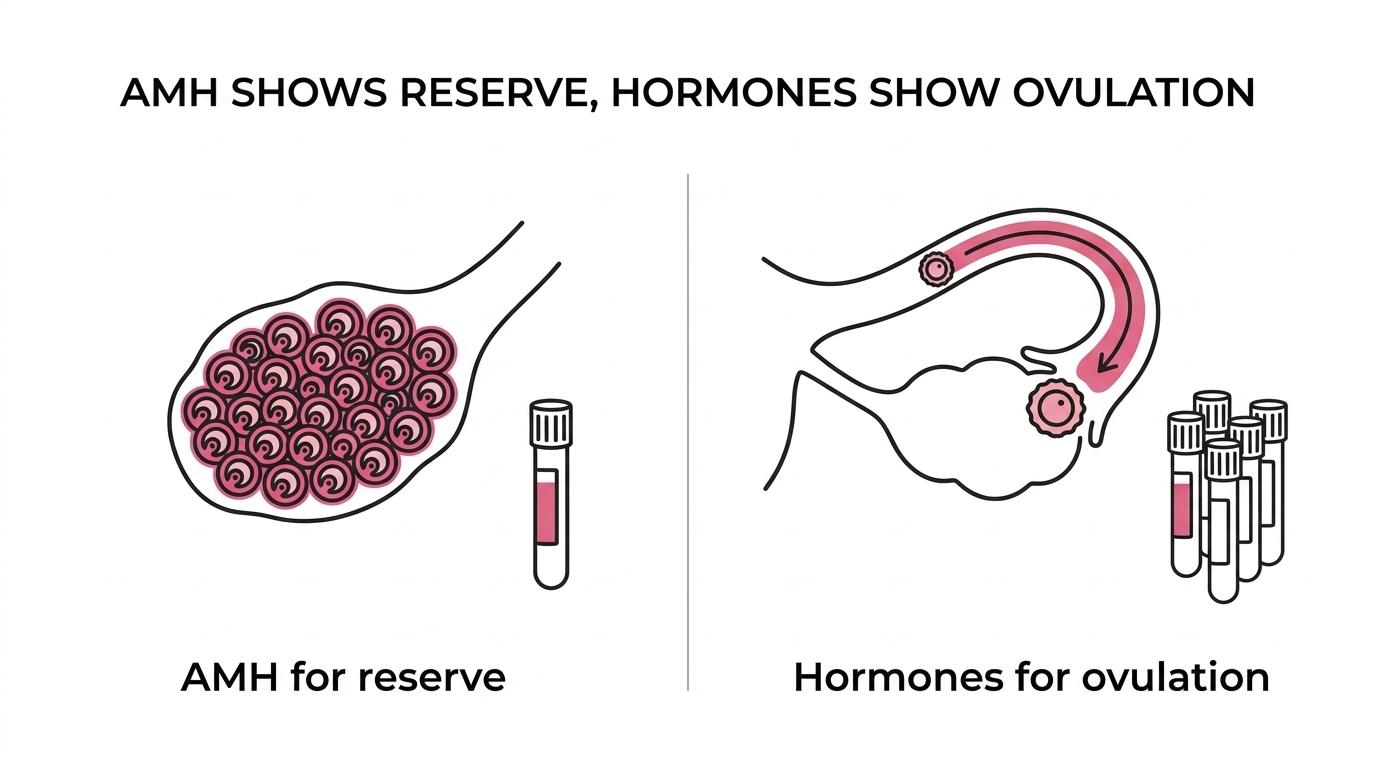 Side-by-side comparison of an AMH test and a fertility hormone profile, showing ovarian reserve versus ovulation and cycle function.