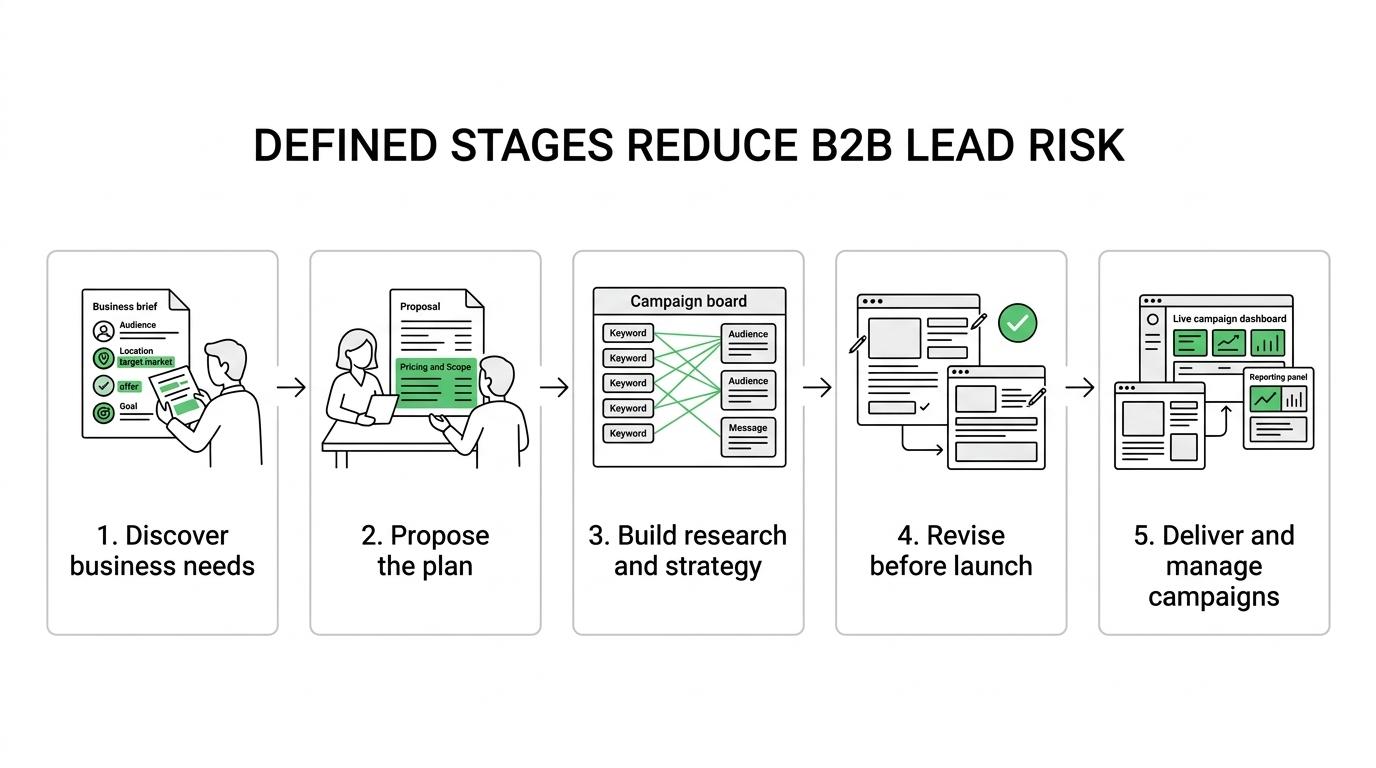 Five-stage B2B marketing process showing discovery, proposal, research and strategy, revisions, and delivery.