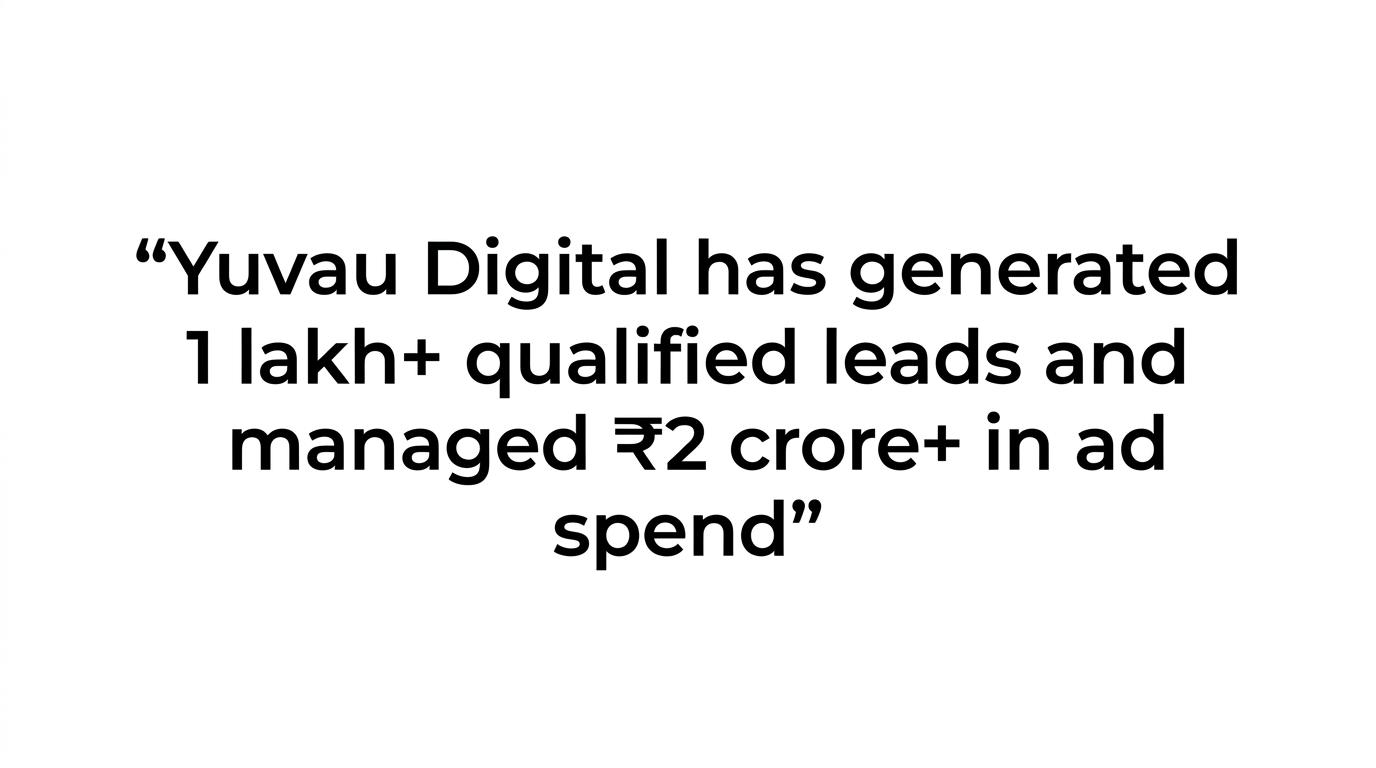 Highlighted quote stating that Yuvau Digital has generated 1 lakh plus qualified leads and managed 2 crore rupees in ad spend.