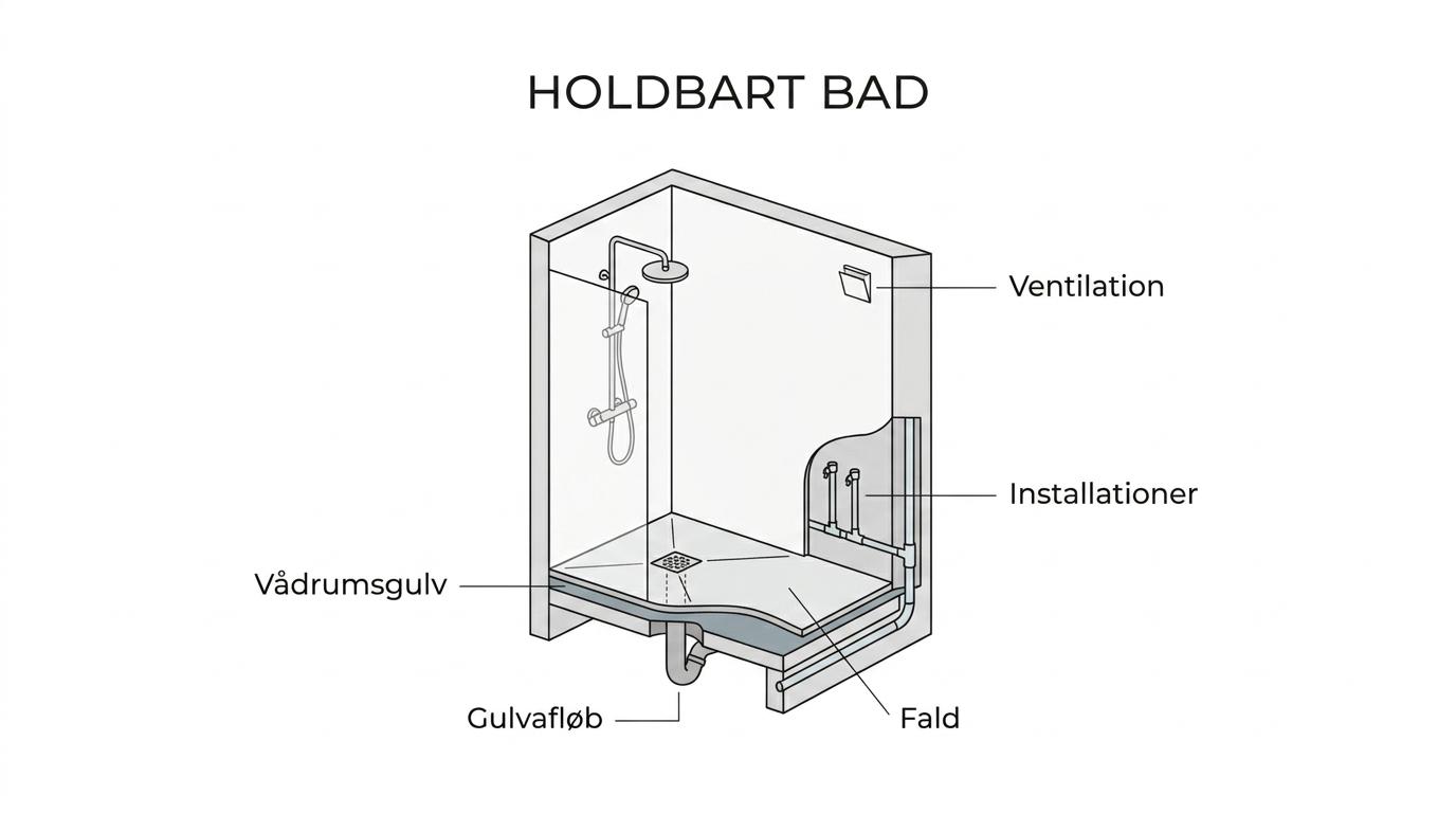 Tværsnit af et badeværelse med markeringer af vådrumsgulv, fald mod gulvafløb, membran, ventilation og installationsgennembrydninger.