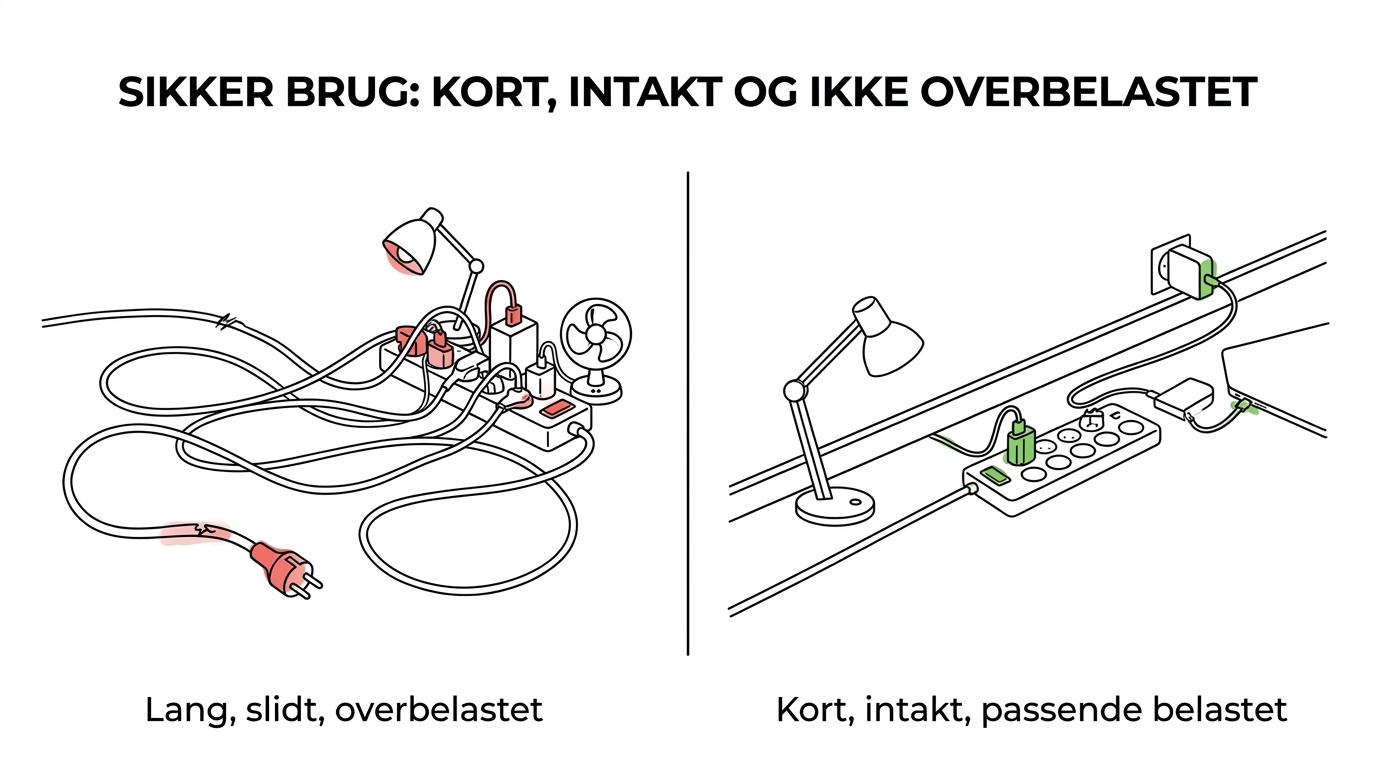Sammenligning af en kort forlængerledning lagt sikkert langs væggen og en lang, overfyldt ledning trukket hen over gulvet.