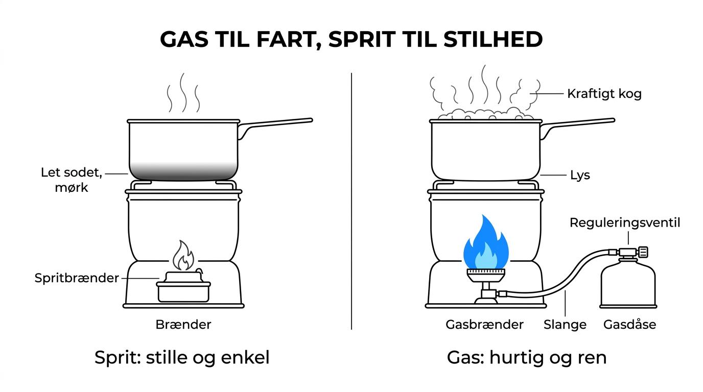 Sammenligning af Trangia med gasbrænder og spritbrænder på centrale forskelle som kogetid, støj, sod, kulde og betjening.